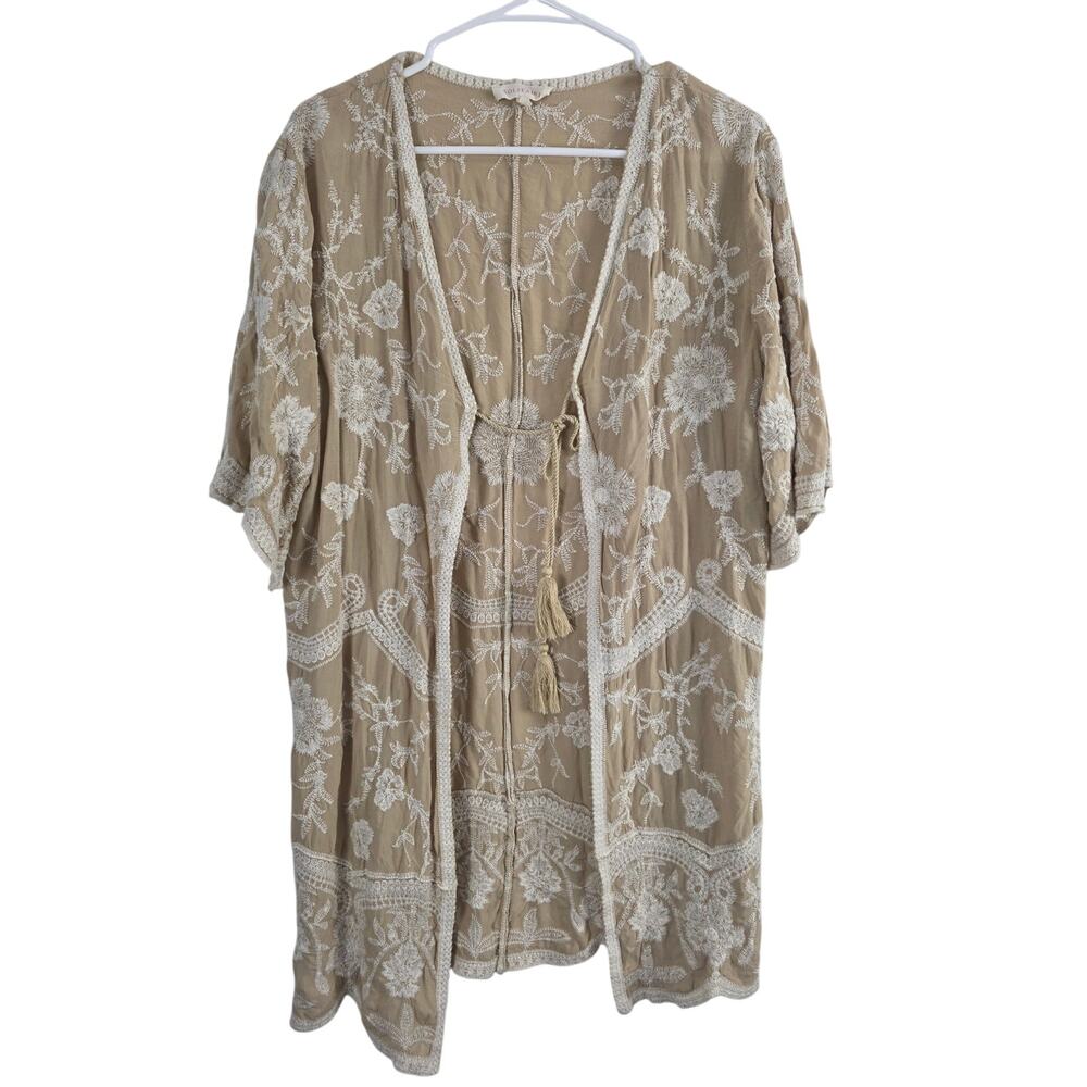 Solitare Cottage Core Cardigan L Womens Boho Coquette Embroidered Tan Coastal